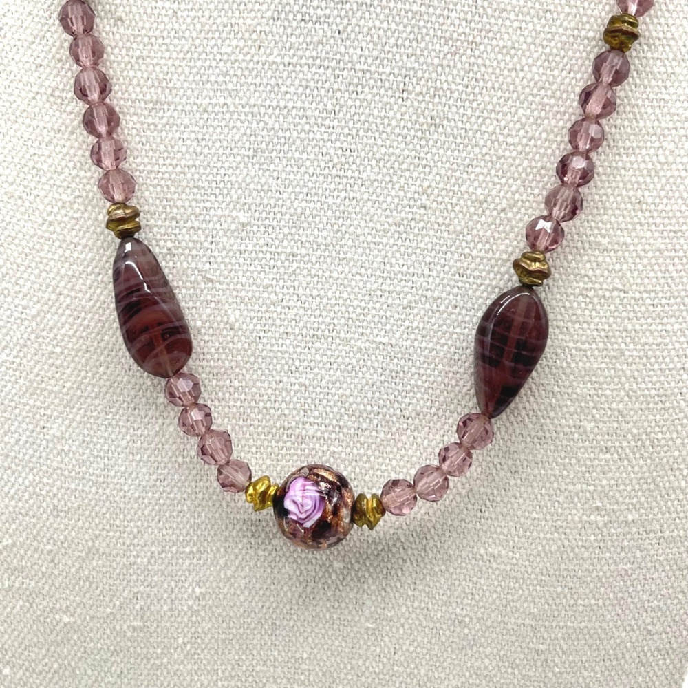 Vintage Purple Glass Beaded Necklace Rose Lampwork Millefiori Gold Tone 18 Inch